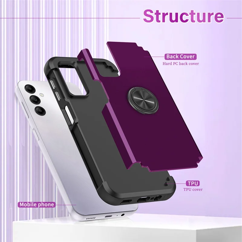 For Samsung Galaxy A14 4G  /  5G Case Ring Holder Fingerprint-proof PC+TPU Phone Back Cover - Dark Purple