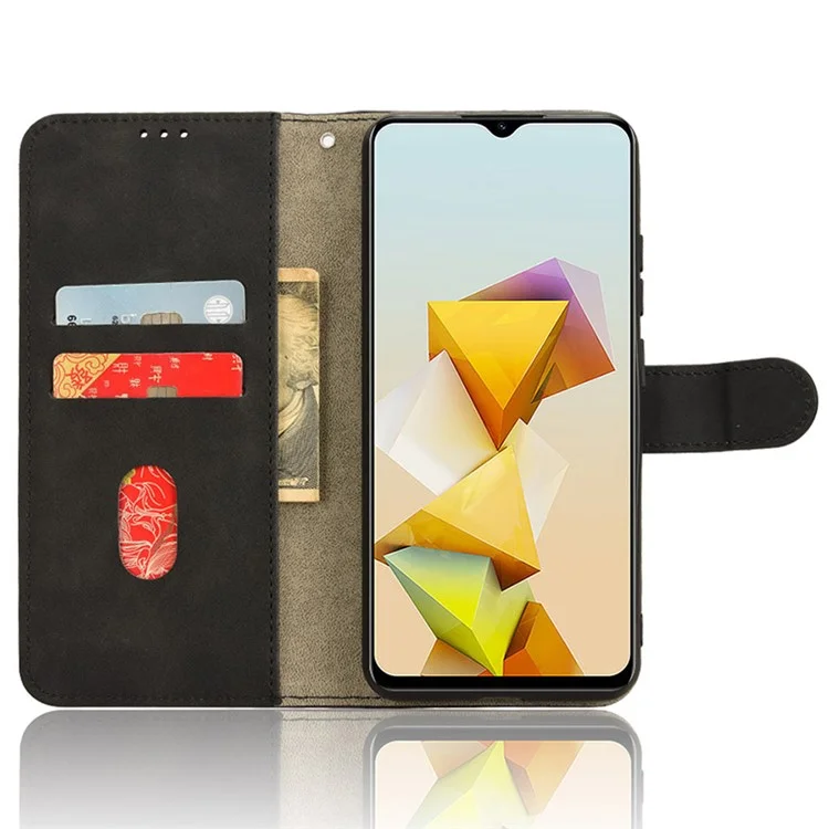For ZTE Blade A73 5G Skin Touch Feeling Wallet Case PU Leather Phone Cover Folding Stand - Black