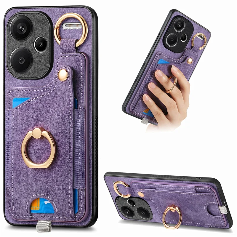 For Xiaomi Redmi Note 13 Pro+ 5G Case with Card Holder Retro Leather Back Cover Ring Kickstand - Purple