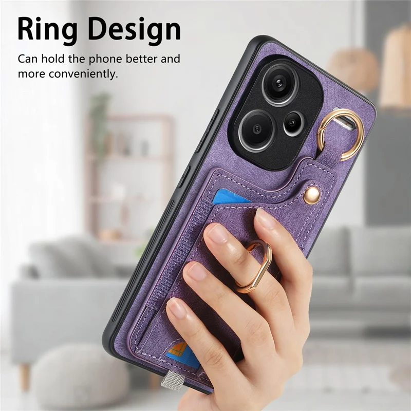 For Xiaomi Redmi Note 13 Pro+ 5G Case with Card Holder Retro Leather Back Cover Ring Kickstand - Purple