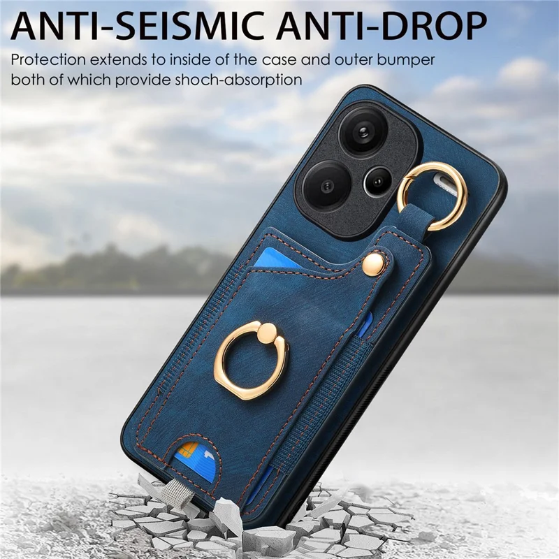 For Xiaomi Redmi Note 13 Pro+ 5G Case with Card Holder Retro Leather Back Cover Ring Kickstand - Blue