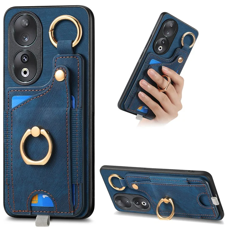 For Honor 90 Case Retro Leather Back Cover Drop-proof Phone Card Bag Kickstand - Blu