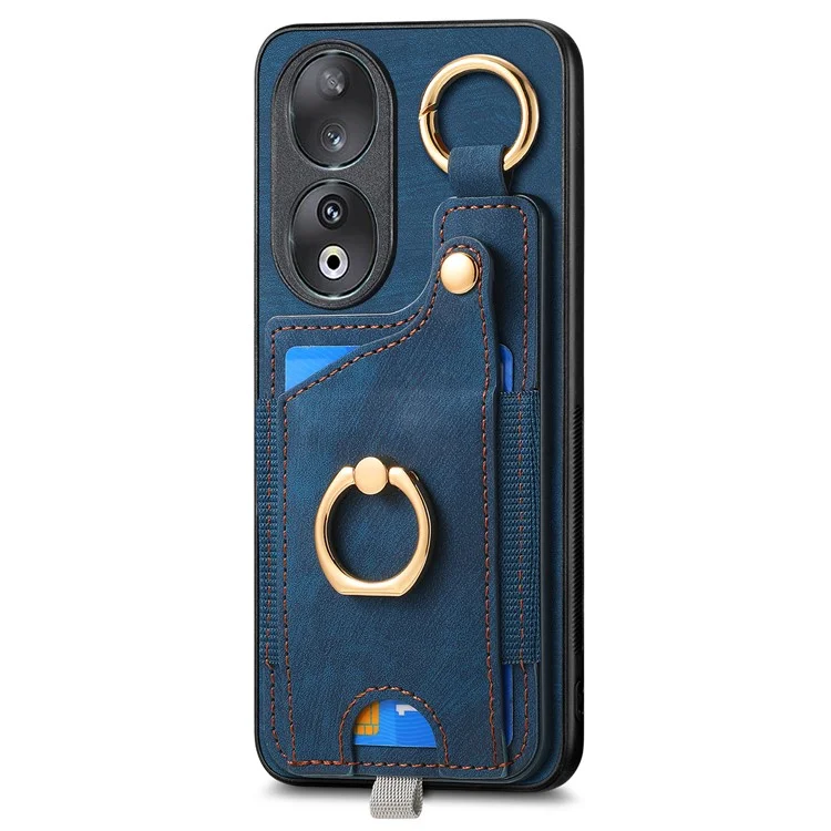 For Honor 90 Case Retro Leather Back Cover Drop-proof Phone Card Bag Kickstand - Blu