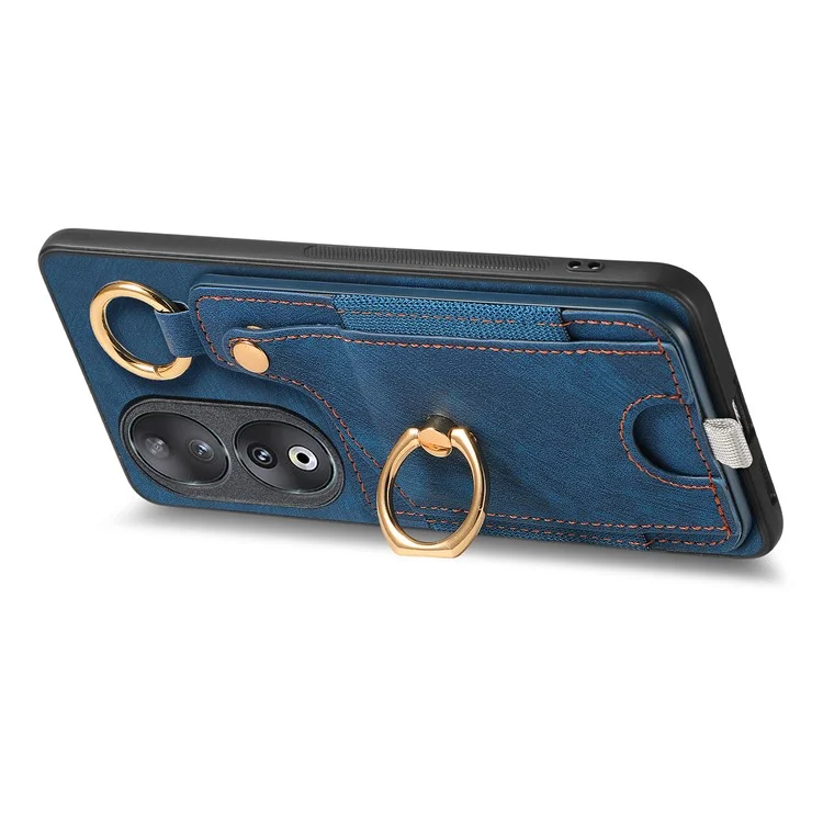For Honor 90 Case Retro Leather Back Cover Drop-proof Phone Card Bag Kickstand - Blu