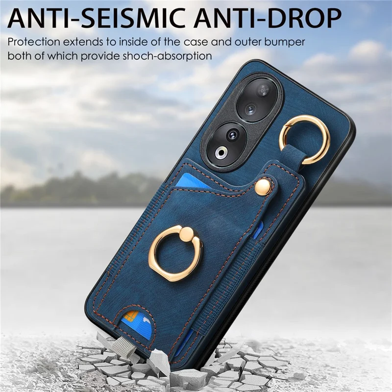 For Honor 90 Case Retro Leather Back Cover Drop-proof Phone Card Bag Kickstand - Blu