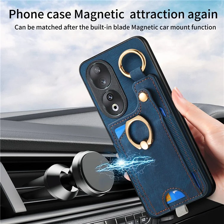 For Honor 90 Case Retro Leather Back Cover Drop-proof Phone Card Bag Kickstand - Blu