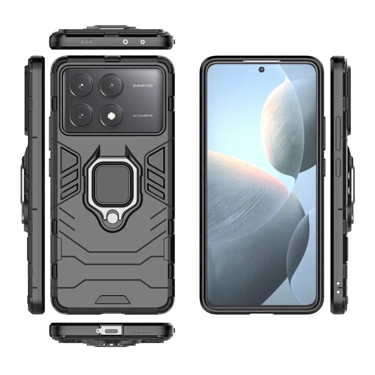 For Xiaomi Redmi K70E 5G / Poco X6 Pro 5G Phone Case PC+TPU Cover Rotation Ring Holder Kickstand - Black
