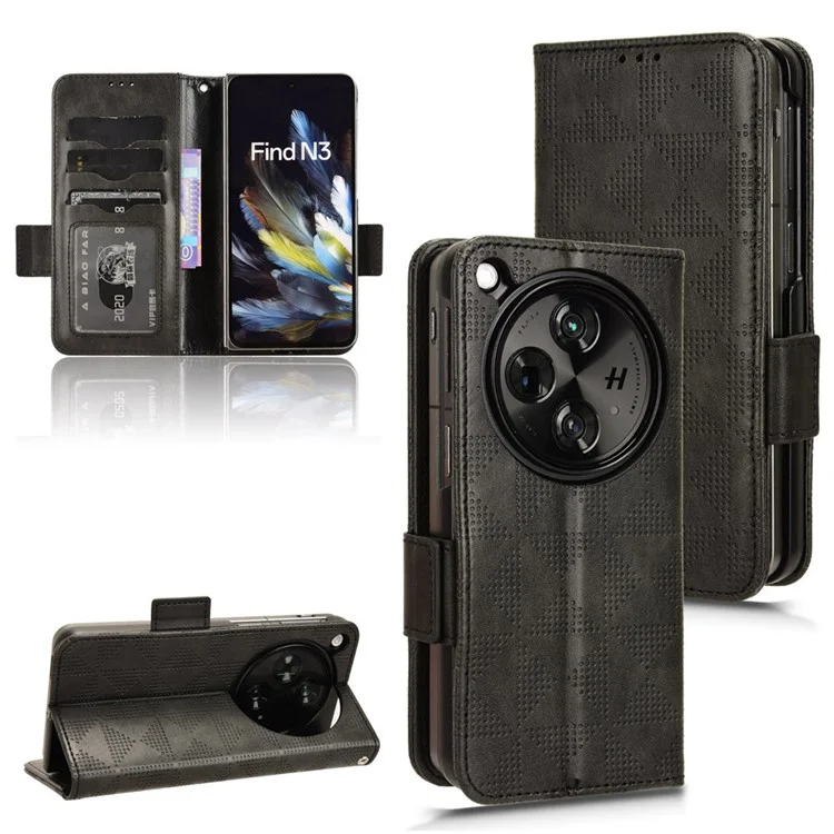 For Oppo Find N3 5G Phone Case Imprinted Triangle Folio Wallet Leather Cover - Black