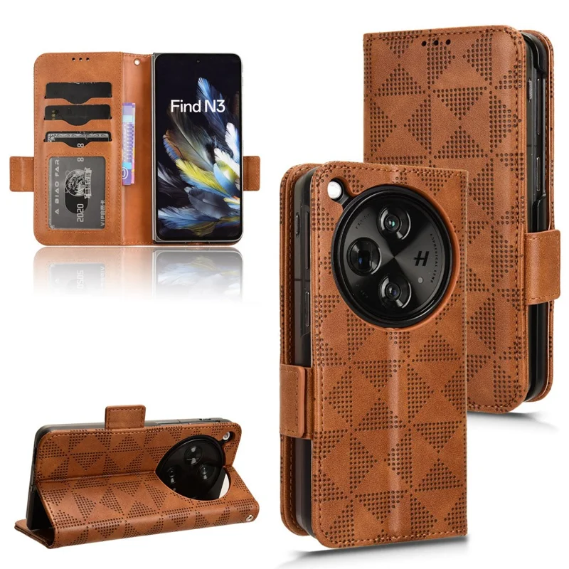 For Oppo Find N3 5G Phone Case Imprinted Triangle Folio Wallet Leather Cover - Brown