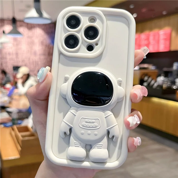 Para iPhone 14 Pro Max Astronauta Kickstand Phone Case Soft Silicone Cover - Branco