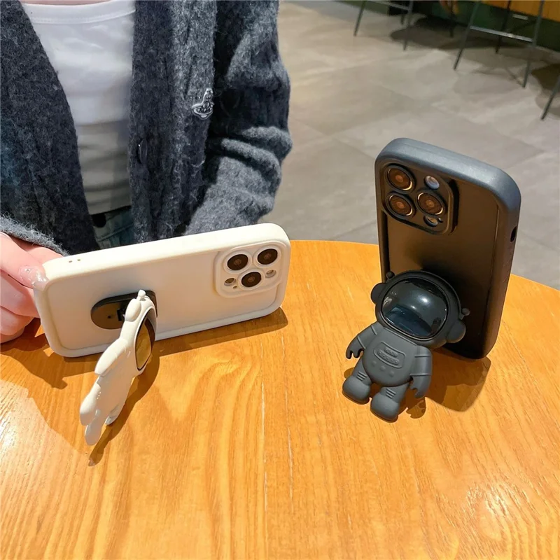 For iPhone 14 Pro Soft Silicone Shockproof Cover with 3D Astronaut Kickstand - Black