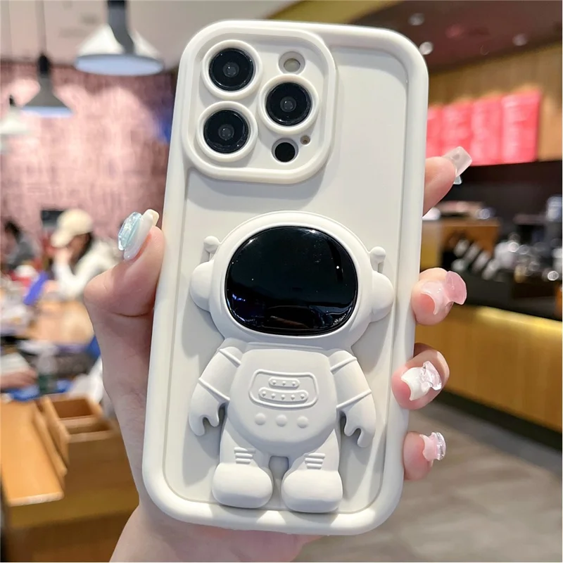 For iPhone 15 Pro Phone Case PC Astronaut Kickstand Silicone Cover - White