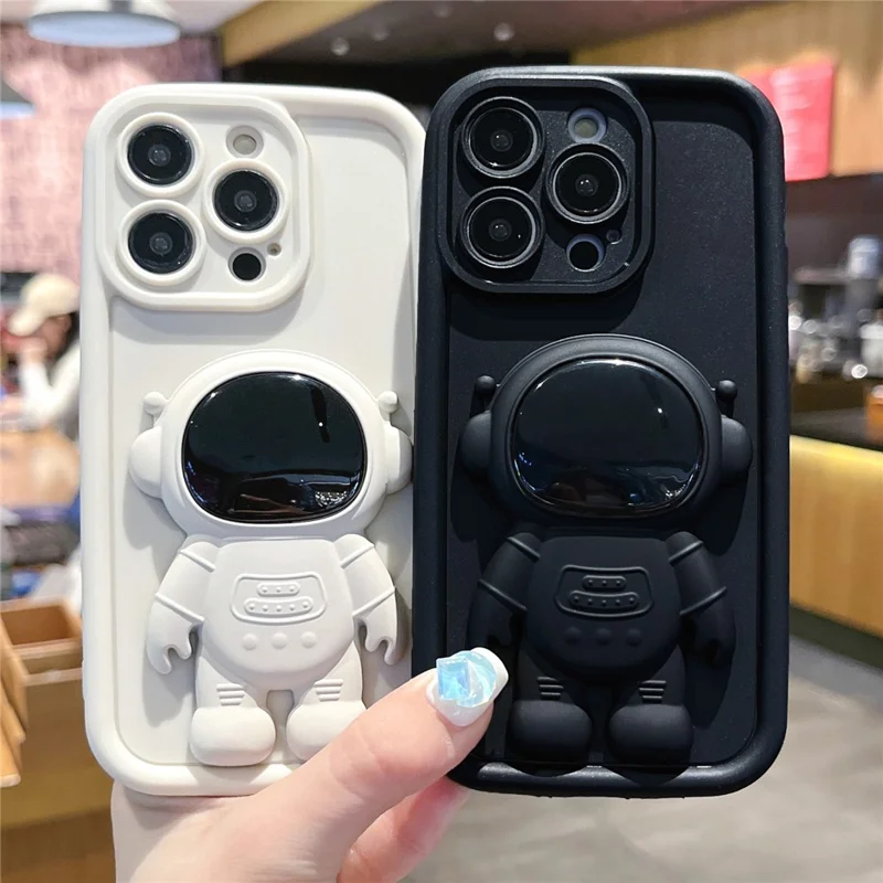 For iPhone 15 Pro Phone Case PC Astronaut Kickstand Silicone Cover - Brown