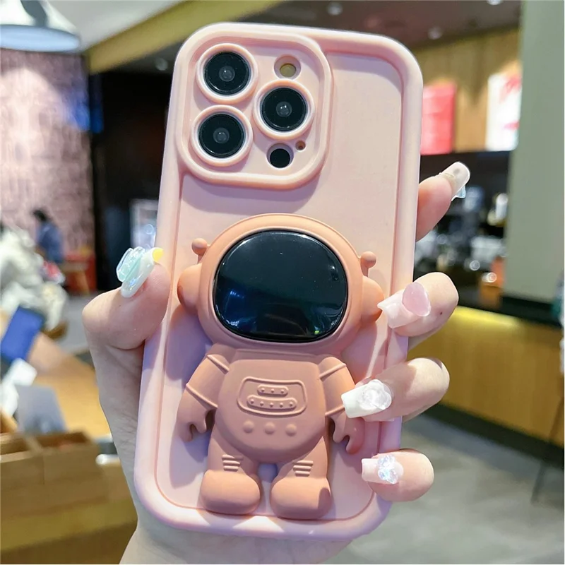 For iPhone 15 Pro Phone Case PC Astronaut Kickstand Silicone Cover - Pink