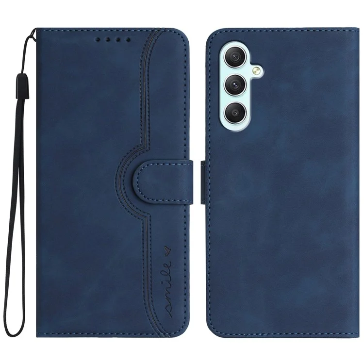 YX0030 For Samsung Galaxy A35 5G Leather Phone Case Smile Pattern Card Holder Wrist Strap - Sapphire