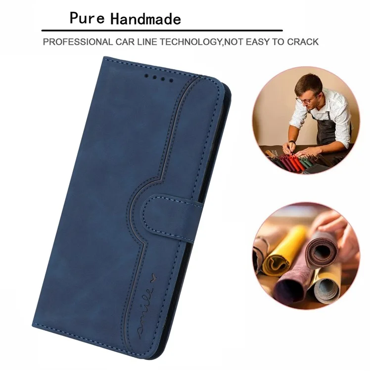 YX0030 For Samsung Galaxy A35 5G Leather Phone Case Smile Pattern Card Holder Wrist Strap - Sapphire