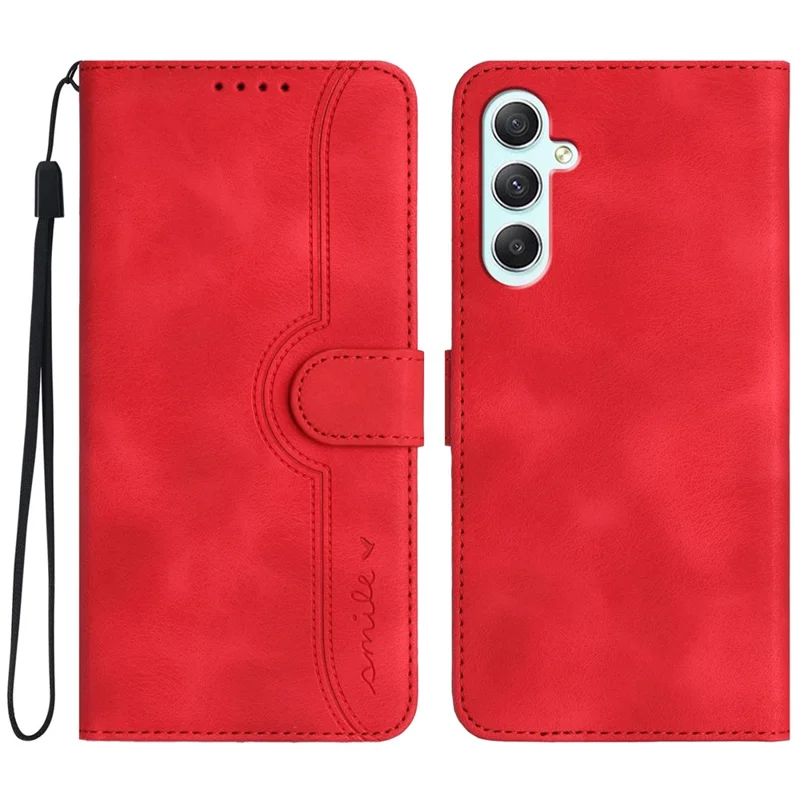 YX0030 For Samsung Galaxy A35 5G Leather Phone Case Smile Pattern Card Holder Wrist Strap - Red