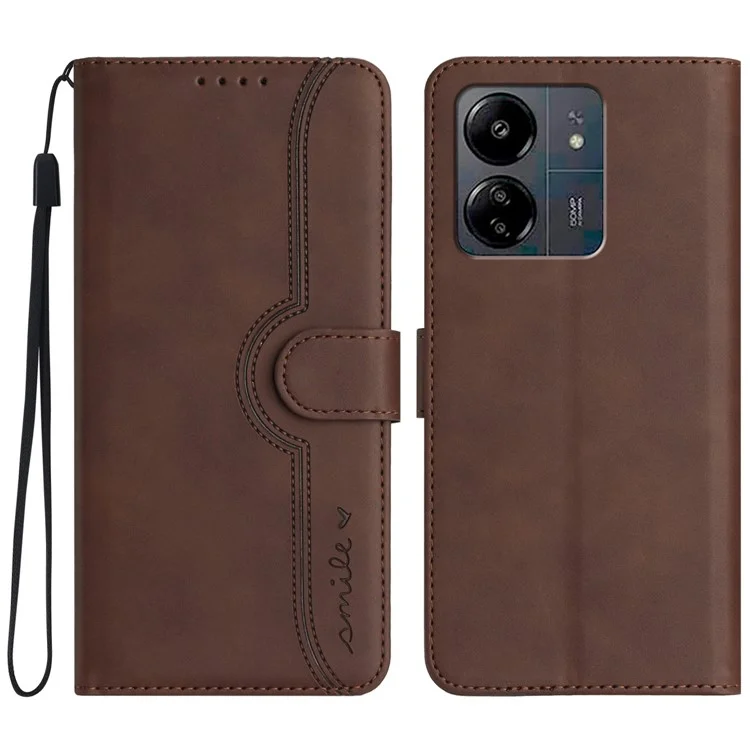 YX0030 Para Xiaomi Redmi 13C 4G / 5G / 13R 5G / Poco M6 5G / Poco C65 4G Carteira de Couro Sintético com Estampa de Sorriso, Capa Flip - Café