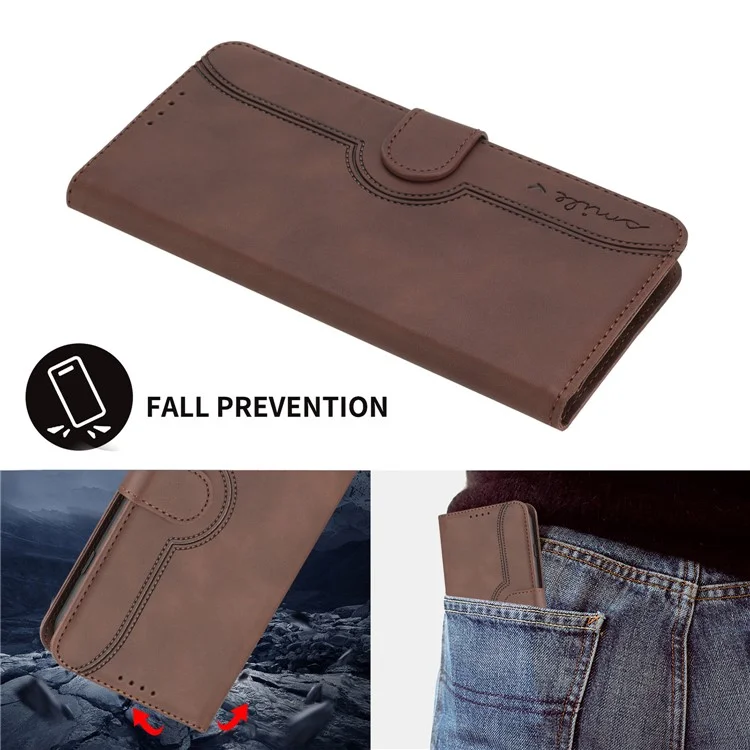 YX0030 Para Xiaomi Redmi 13C 4G / 5G / 13R 5G / Poco M6 5G / Poco C65 4G Carteira de Couro Sintético com Estampa de Sorriso, Capa Flip - Café