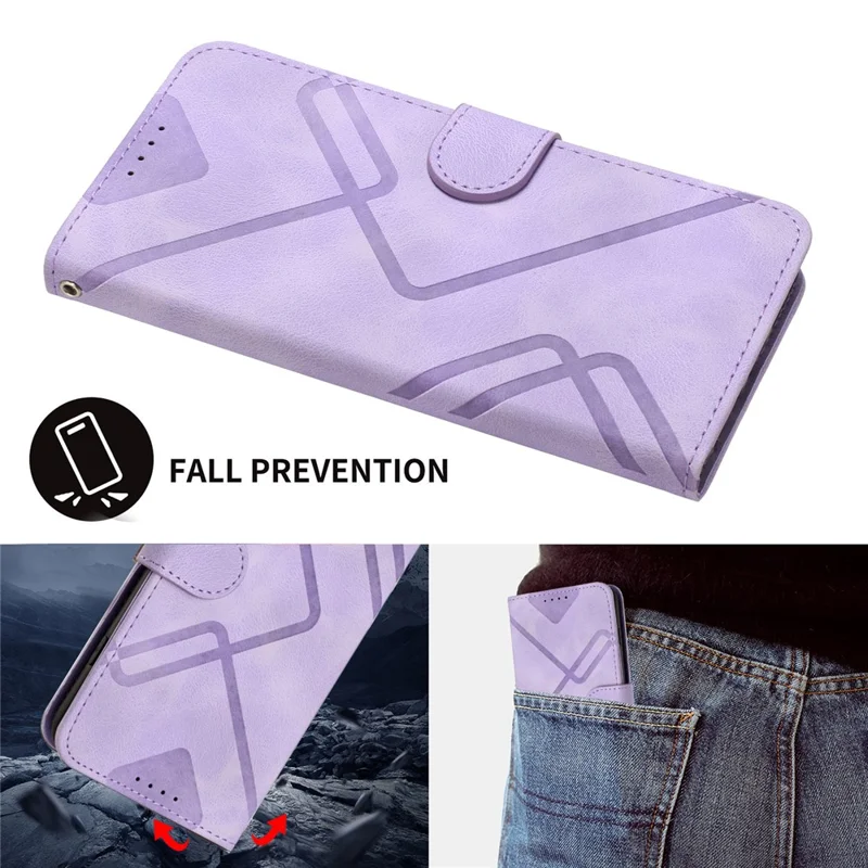 Etui portfelowe do Xiaomi 14 Pro, powleczone skórą PU z nadrukiem linii, z paskiem - fioletowe