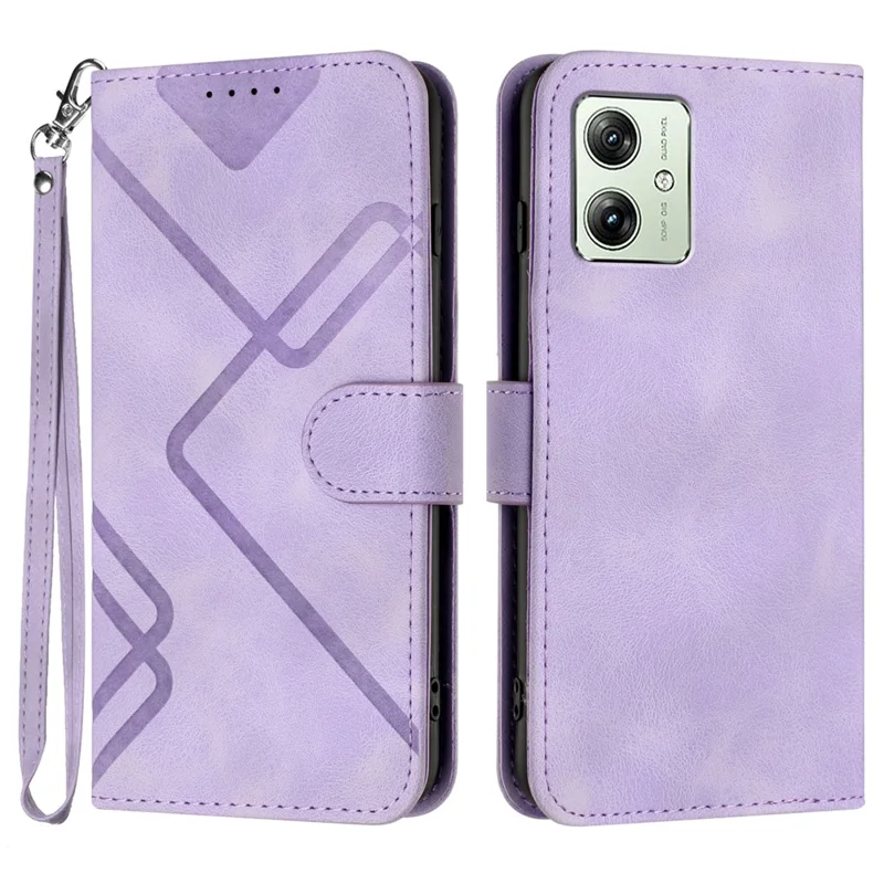 For Motorola Moto G54 5G Wallet Case Line Imprinted PU Leather Phone Cover with Strap - Purple