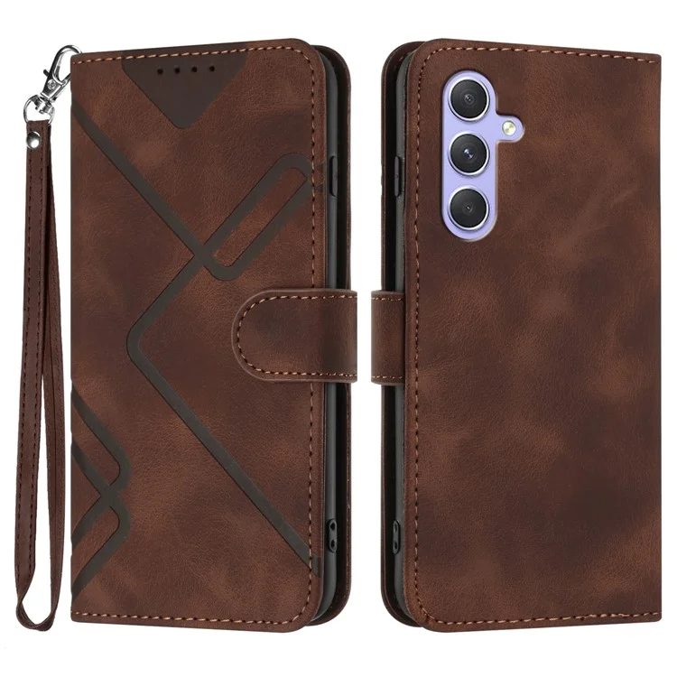 For Samsung Galaxy A55 5G Wallet Case Line Imprinted PU Leather Phone Cover with Strap - Coffee