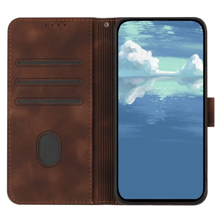 For Samsung Galaxy A55 5G Wallet Case Line Imprinted PU Leather Phone Cover with Strap - Coffee