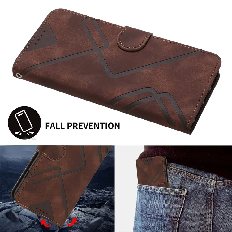 For Samsung Galaxy A55 5G Wallet Case Line Imprinted PU Leather Phone Cover with Strap - Coffee