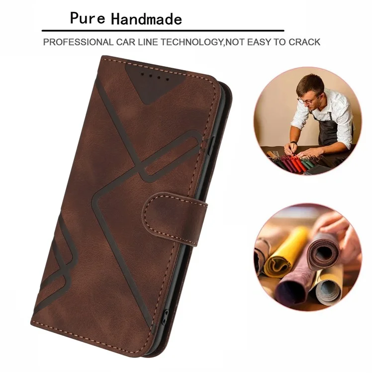 For Samsung Galaxy A55 5G Wallet Case Line Imprinted PU Leather Phone Cover with Strap - Coffee