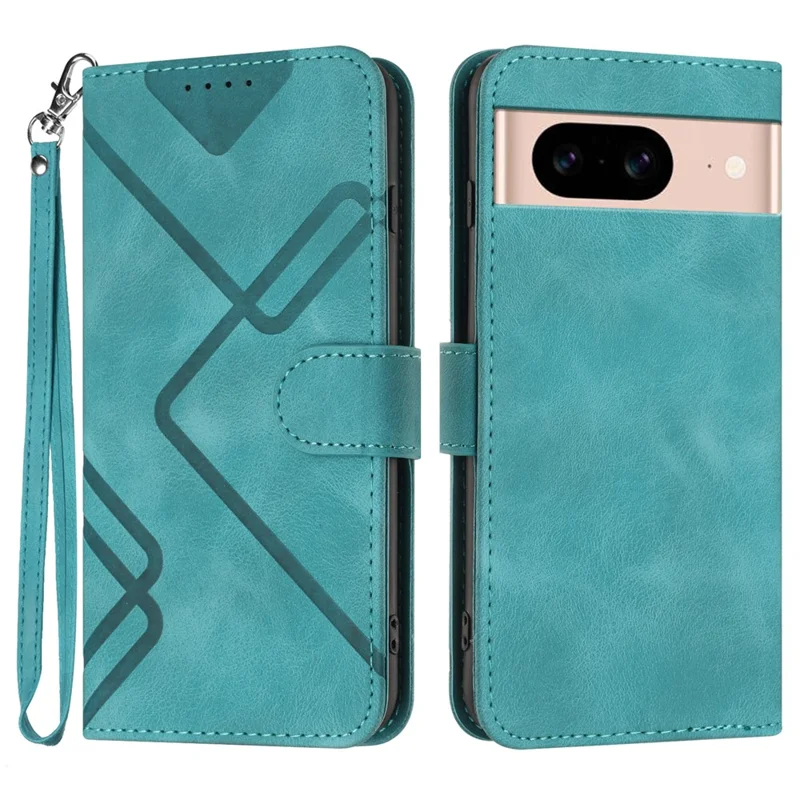 For Google Pixel 8a Wallet Case Line Imprinted PU Leather Phone Cover with Strap - Baby Blue