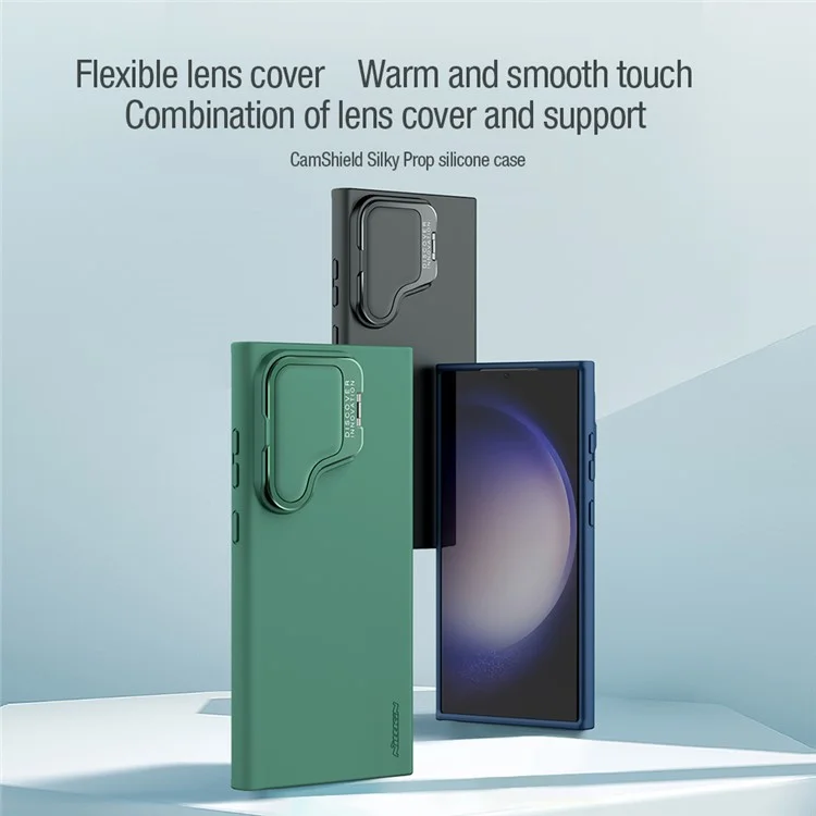 NILLKIN Camshield Silky Prop for Samsung Galaxy S24 Ultra Silicone+PC Phone Case Lens Cover Kickstand  - Green