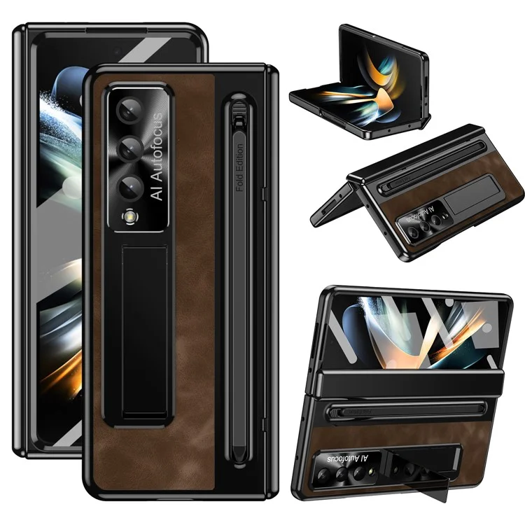 For Samsung Galaxy Z Fold4 5G Retro Phone Case Kickstand Cover with Tempered Glass Film and Stylus Pen - Coffee