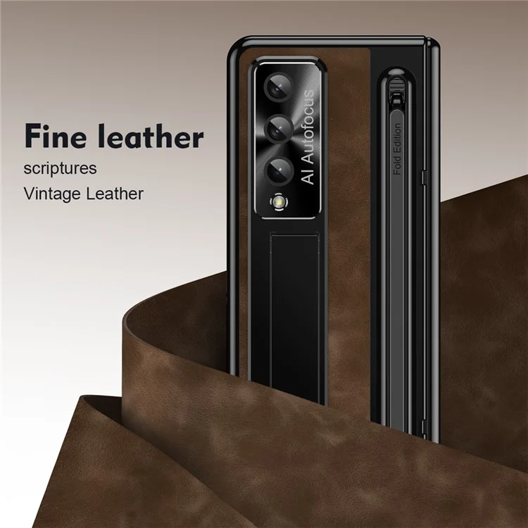 For Samsung Galaxy Z Fold4 5G Retro Phone Case Kickstand Cover with Tempered Glass Film and Stylus Pen - Coffee