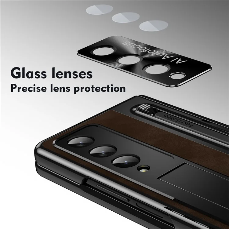 For Samsung Galaxy Z Fold4 5G Retro Phone Case Kickstand Cover with Tempered Glass Film and Stylus Pen - Coffee