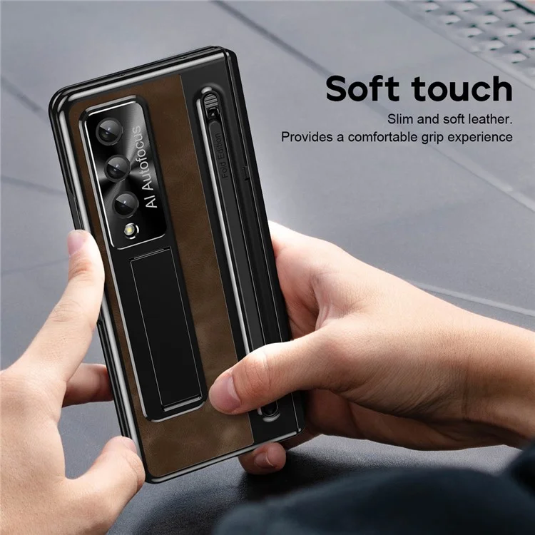 For Samsung Galaxy Z Fold4 5G Retro Phone Case Kickstand Cover with Tempered Glass Film and Stylus Pen - Coffee