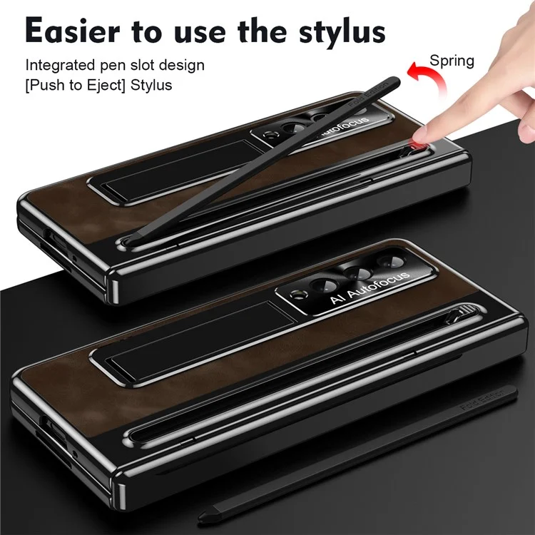 For Samsung Galaxy Z Fold4 5G Retro Phone Case Kickstand Cover with Tempered Glass Film and Stylus Pen - Coffee