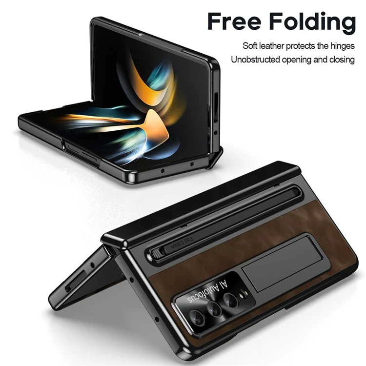 For Samsung Galaxy Z Fold4 5G Retro Phone Case Kickstand Cover with Tempered Glass Film and Stylus Pen - Coffee