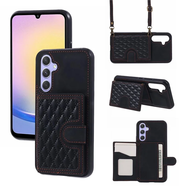 For Samsung Galaxy A25 5G (Global) (161.0 x 76.5 x 8.3mm) Cell Phone Case PU Leather+TPU Card Holder Back Cover with Long Strap - Black
