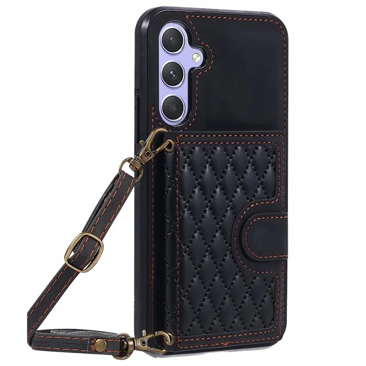 For Samsung Galaxy A25 5G (Global) (161.0 x 76.5 x 8.3mm) Cell Phone Case PU Leather+TPU Card Holder Back Cover with Long Strap - Black