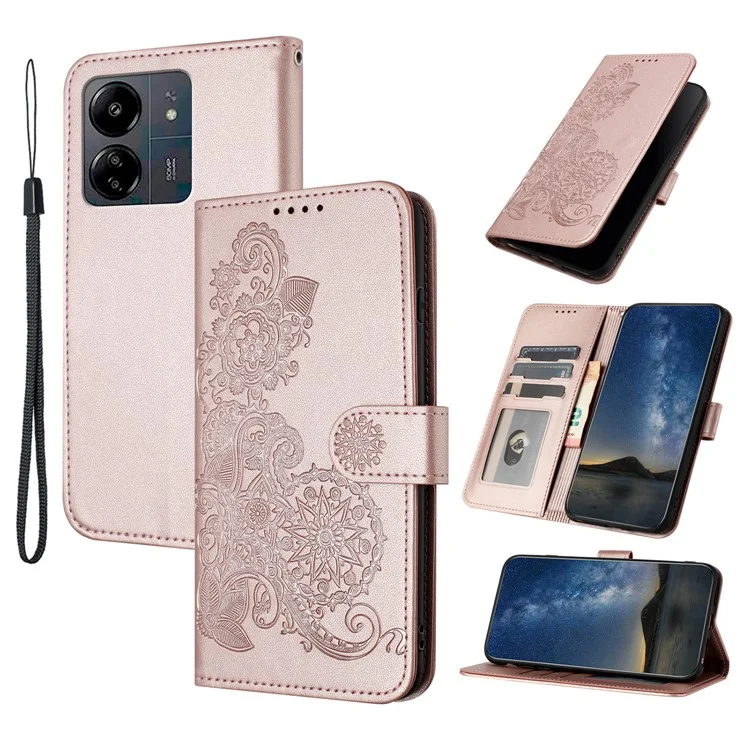 For Xiaomi Redmi 13C 4G / 5G / 13R 5G / Poco M6 5G / Poco C65 4G Phone Cases Mandala Flower Leather Wallet Mobile Cover with Strap - Pink