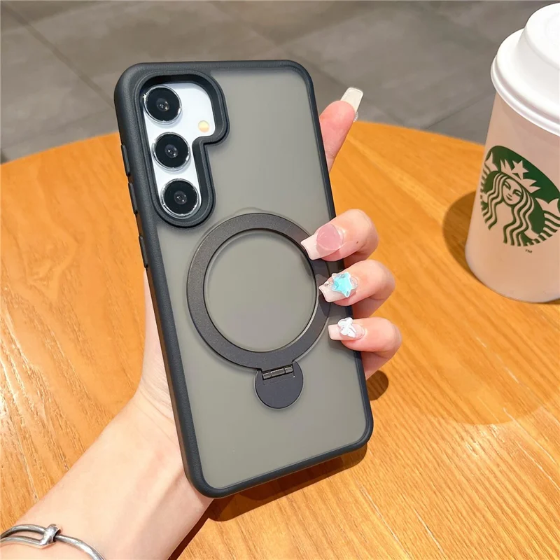 For Samsung Galaxy S24 Magnetic Phone Case 360 Degree Rotation Ring Kickstand - Black