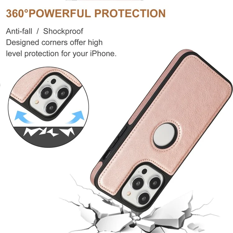 Para iPhone 15 Pro Max Case PU Leather Coated TPU Solid Color Logo View Mobile Phone Cover - Rose Gold