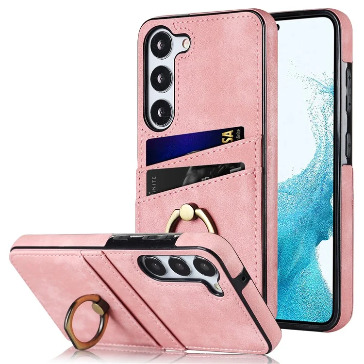 For Samsung Galaxy S24 Case PU Leather Coated TPU Retro Card Slots Phone Cover - Pink