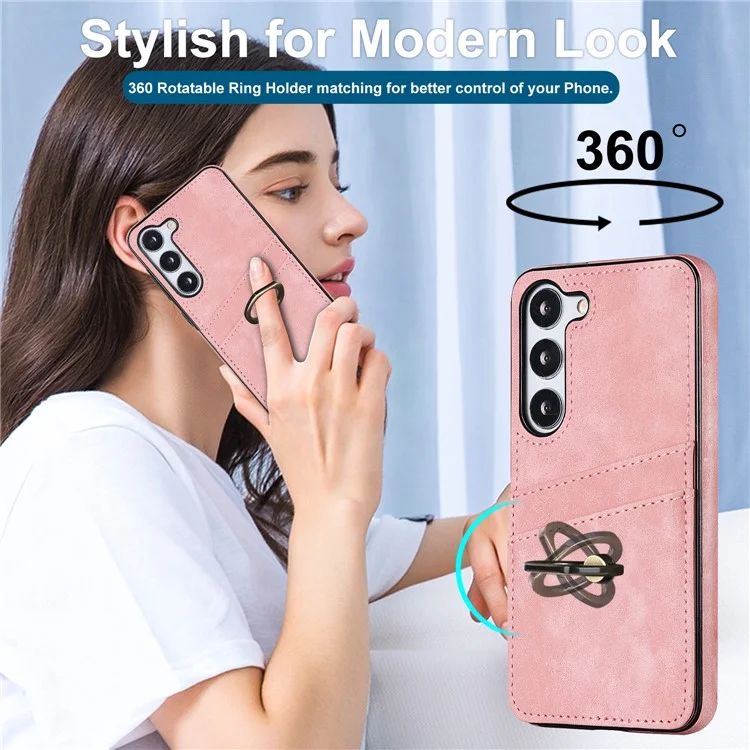 For Samsung Galaxy S24 Case PU Leather Coated TPU Retro Card Slots Phone Cover - Pink