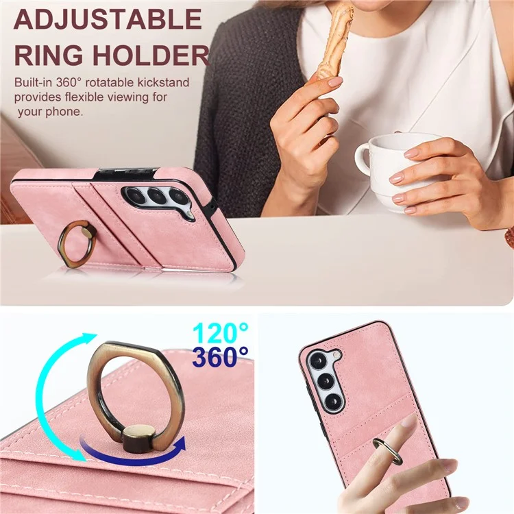 For Samsung Galaxy S24 Case PU Leather Coated TPU Retro Card Slots Phone Cover - Pink