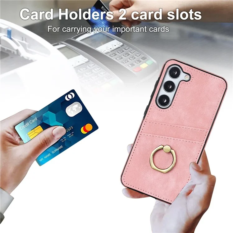 For Samsung Galaxy S24 Case PU Leather Coated TPU Retro Card Slots Phone Cover - Pink
