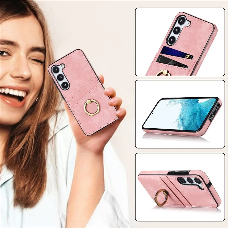 For Samsung Galaxy S24 Case PU Leather Coated TPU Retro Card Slots Phone Cover - Pink