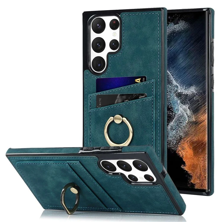 Pour Samsung Galaxy S24 Ultra Coque de téléphone cellulaire Anneau support Revêtement en cuir PU Couverture TPU - Vert