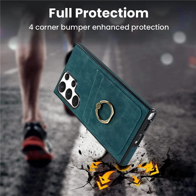 Pour Samsung Galaxy S24 Ultra Coque de téléphone cellulaire Anneau support Revêtement en cuir PU Couverture TPU - Vert
