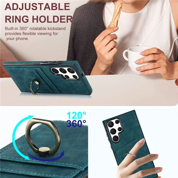 Pour Samsung Galaxy S24 Ultra Coque de téléphone cellulaire Anneau support Revêtement en cuir PU Couverture TPU - Vert